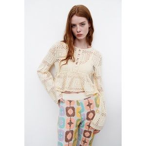 Zara Crocheted Knit Top, Large, Ecru